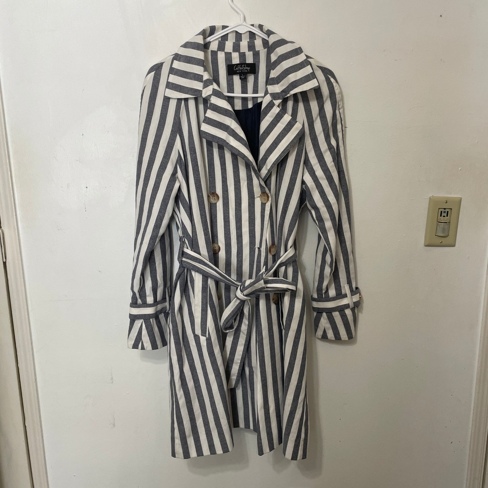 Navy Blue White Striped Double Breasted‎ Trench Coat Jacket Belted Cuffs Large